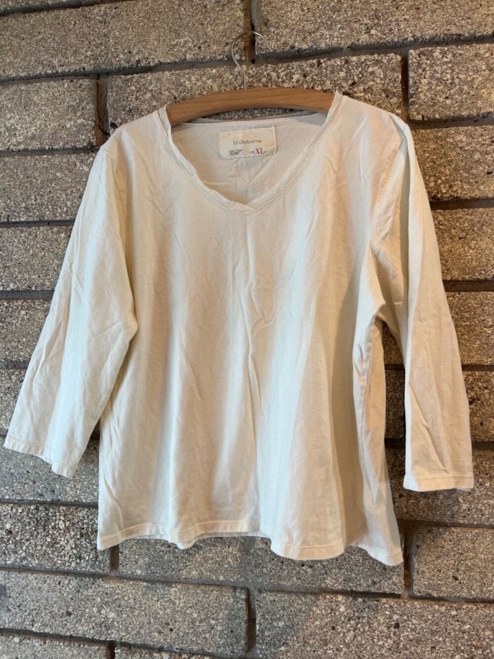 Liz Claiborne Womens XL Cream 3/4 Sleeve Cotton Blend V-Neck Top